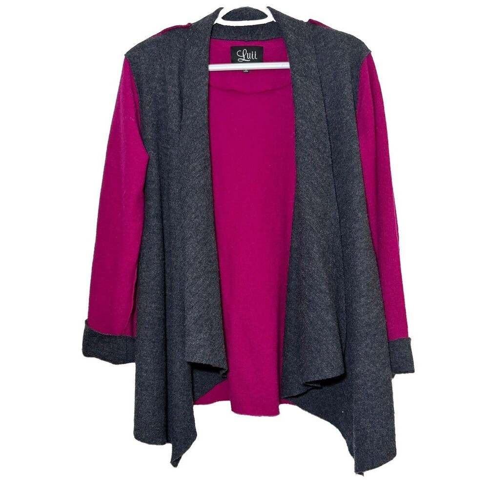 Luii Wool Cardigan Small Pink Gray Colorblock Waterfall Open Front Jacket